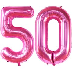 the number 50 is made out of shiny pink foil and has a balloon like shape