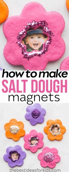 how to make salt dough magnets that look like flowers with the words how to make salt dough magnets on them