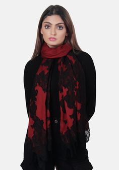 Crafted from a very fine blend of wool and silk, this burgundy scarf offers the perfect balance between warmth and sophistication. It is adorned with an intricate contrasting black floral lace at the ends creating a stunning visual contrast. This must-have addition to any wardrobe seamlessly combines comfort and elegance to elevate an ensemble for an evening out. Burgundy Scarf, Lace Border, Silk Scarf, Black Floral, Floral Lace, Cashmere, Unique Designs, Silk, Wool