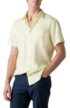 Lightweight, breathable linen brings easy-to-wear comfort to a solid-color shirt that looks great with your entire warm-weather wardrobe. 30" length; 42" chest (size Medium) Front button closure Point collar Cuffed short sleeves Chest patch pocket 100% linen Machine wash, line dry Imported