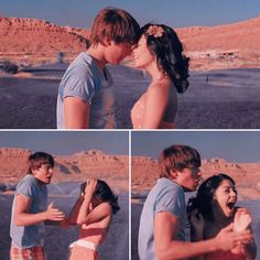 two pictures of a man and woman kissing in front of the desert with mountains behind them