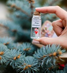 someone holding a tiny christmas ornament in front of a pine tree with the words merry christmas written on it