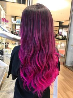 Long Hair Pink Highlights, Balayage Hair Fun Colors, Hot Pink With Black Hair, Hot Pink Hair Balayage, Purple And Pink Hair Highlights, Pink And Magenta Hair, Hot Pink Hair Highlights, Hot Pink Underneath Hair, Magenta Hair Balayage