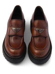 Find PRADA 55mm Leather Loafers on Editorialist. brown leather smooth grain enamel triangle logo silver-tone hardware moc stitching almond toe branded leather insole 55mm rubber sole slip-on style Prada Loafers, Brown Loafers, Prada Leather, Triangle Logo, Prada Shoes, Brown Shoe, Shoe Store, Teen Fashion Outfits, Leather Loafers