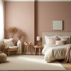 a bedroom with pink walls and white bedding, two side tables on either side