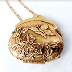 Vintage Art Nouveau Gold Perfume Necklace Locket- Butterfly Purse Compact W/Chain. The Compact Measures Approximately 1.75" Wide. The Necklace Is About 28" Long. In Excellent Condition, With Beautiful, Intricately Carved Butterflies And Flora. Solid Perfume Is Full And Still Smells Marvelous! Signed, But I Can't Make Out What It Says. Butterfly Purse, Dainty Fine Jewelry, Gold Perfume, Perfume Necklace, Locket Necklace Vintage, Perfume Locket, Necklace Locket, Vintage Lockets, Choker Pendant