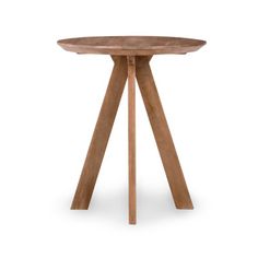 a wooden table with two legs and a round top on an isolated white background,