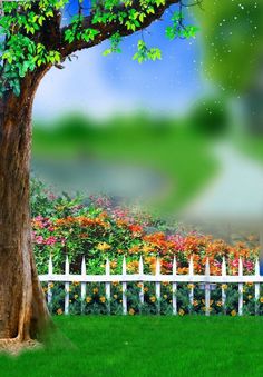 a painting of a tree in the middle of a field with flowers and a white picket fence