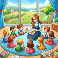 a woman reading a book to children in a room