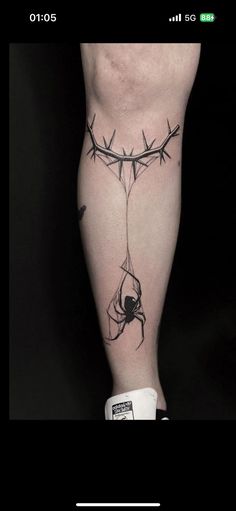 a tattoo on the leg of a person with barbed wire attached to it, and a spider