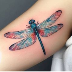 a colorful dragonfly tattoo on the arm