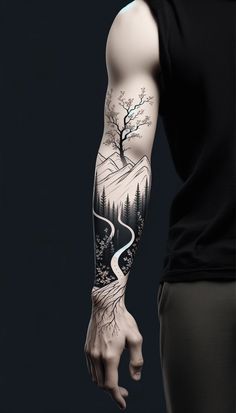 a man's arm with a tree and mountain scene on it, while he is holding