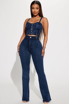 Available In Acid Wash Denim. Pair With 15 Minutes Of Fame Denim Corset Tank Flare Jean Medium Stretch Functional Back Pockets 11" High Rise 34" Inseam Disclaimer: Due To The Specialized Wash & Distressing Process, Each Garment Is Unique. 69% Cotton 29% Polyester 2% Spandex Imported | 15 Minutes Of Fame High Waisted Flare Jeans in Acid Wash Denim size 7 by Fashion Nova Fitted Cropped Denim Flare Jeans, Fitted Cropped Flare Jeans, Eclectic Clothing Style, Yodit Yemane, 2024 Aesthetic, High Waisted Flare Jeans, Fashion Nova Outfits, Stylish Summer Outfits, Denim Corset