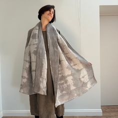 Naturally-dyed large linen shawl wrap, hand-dyed in plant extracts.  Beautiful watercolor-like pattern. Color: pale light gray with darker gray patches. Rectangular  shape. Size: 215cm x 73cm ( 85" x 29"). Large shawl, lightweight linen, can be used as a wrap. Fabric: light weight textured linen. Features cotton label with acorn. This shawl was garment dyed in plant extracts - acorns. Care: hand wash in cold water separately, hand to dry. Make wrinkles with hands when still damp. Wrap Fabric, Linen Shawl, Linen Scarf, Cotton Labels, Linen Scarves, Dyed Linen, Plant Dyes, Shawl Wrap, Naturally Dyed