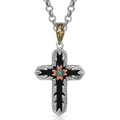 Montana Silversmiths Antiqued Two Tone Radiating Cross Necklace, NC4776 Black Overlay, Southwest Jewelry, Tractor Supply, German Silver, Cross Jewelry, Cross Designs, Accessories Jewelry Necklace, Small Flowers, Women Accessories Jewelry