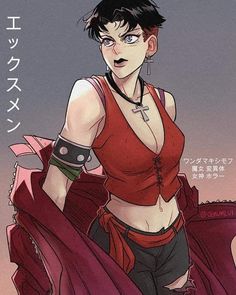 an anime character in red shirt and black shorts with her arm wrapped around the waist