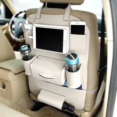 the interior of a car with an entertainment center