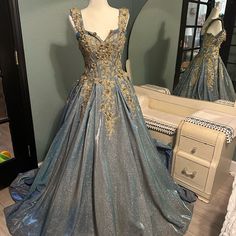 A Must See , Very Unique Formal Dress, Sweet 16 , Quinceaera, Fits Size Small To Large Due To Its Corset Backing . Dress Sweet 16, Unique Formal Dresses, Blue Hand, Gold Flower, Gold Flowers, Hand Beading, Quinceanera, Sweet 16, Formal Dress