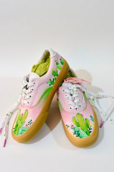 For Cactus Lovers. Hand painted, original Vans Era (Double light gum) pink sneakers.  Each shoe is custom and 100% unique, something only you will have. This pair inspired from Canary Islands where I am living and we have lot of cactuses. Painted with permanent colours and markers. Customised shoe laces with colour splashes. I am using best quality colours and materials for my original shoes so they looking good as long as possible. But still, please, handle with care :). Comes with original Vans shoe box. Women Size US6.0/UK3.5/EUR36.0/CM22.5 Pink Casual Custom Sneakers For Spring, Casual Pink Custom Sneakers For Spring, Spring Casual Pink Custom Sneakers, Pink Casual Custom Sneakers With Vulcanized Sole, Spring Custom Sneakers With Gum Sole And Round Toe, Custom Pink Sneakers With Vulcanized Sole For Spring, Pink Custom Sneakers With Vulcanized Sole For Spring, Spring Pink Custom Sneakers With Vulcanized Sole, Casual Hand-painted Lace-up Custom Sneakers