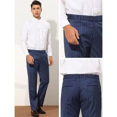 The slim-fit suit trousers with a vertical stripes design are modern, elegant, and stylish. Different from ordinary striped pants, these pants have a contrasting striped pattern design that is more fashionable. Pair with a dress shirt, polo shirt, blazer, and shoes for a smart business or casual look. Perfect for formal occasions such as weddings, dates, office working, proms, parties, etc. Elegant Striped Dress Pants For Office, Elegant Striped Straight Dress Pants, Elegant Striped Dress Pants For Formal Occasions, Striped Straight Leg Business Pants, Straight Leg Striped Pants For Business, Elegant Striped Pants With Welt Pockets, Striped Dress Pants With Welt Pockets For Work, Pinstripe Dress Pants For Business, Business Straight Pants With Vertical Stripes