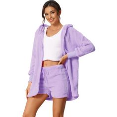 cheibear Women's Fuzzy Fleece Soft Coat Jacket and Crop Top with Shorts 3-Piece Pajamas Lounge Set Purple Medium Crop Top With Shorts, Fuzzy Fabric, Top With Shorts, Pajamas For Women, Pyjama Sets, Soft Pajamas, Fleece Pajamas, Casual Home, Womens Pyjama Sets