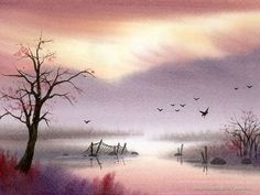 a painting of a lake with birds flying over it