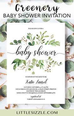 a baby shower is shown with greenery and leaves on the bottom, in green