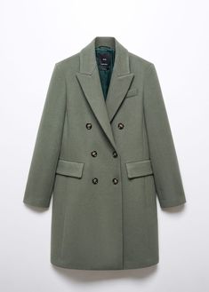 Wool double-breasted coat - Women | Mango USA Green Pea Coat With Double Button Closure For Work, Winter Office Pea Coat With Concealed Placket, Winter Office Pea Coat, Double Breasted Coat Women, Oversized Wool Coat, Wool Coat Women, Double Breasted Coat, Mixing Fabrics, Fashion Story