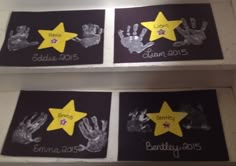 three handprints with yellow stars on them and the names of children's hands