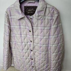 Quilted Coat, Multicolor/Purple Lining Never Worn, Nwt Coach Casual Spring Outerwear, Casual Coach Outerwear, Casual Coach Outerwear For Work, Fitted Coach Outerwear With Pockets, Spring Coach Outerwear With Pockets, Coach Spring Outerwear With Pockets, Casual Coach Winter Outerwear, Coach Long Sleeve Fitted Outerwear, Coach Outerwear For Work