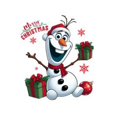 a snowman with christmas presents in his hand and the words merry christmas written on it