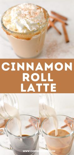 cinnamon roll latte with whipped cream being poured into the cup and topped with cinnamon sticks