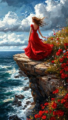 a painting of a woman in a red dress sitting on a cliff overlooking the ocean