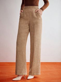 TWEED SUIT PANTS WITHOUT BELT Mocha Brown    Woven Fabric Plain Wide Leg Non-Stretch  Women Clothing, size features are:Bust: ,Length: ,Sleeve Length: Women Suit Pants, Back To School Shoes, Tweed Suit, Tweed Suits, Pinstripe Suit, Mocha Brown, Plus Size Bra, Suit Pants, Straight Leg Pants