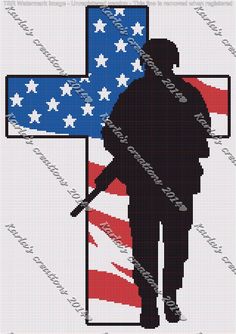 a cross with the silhouette of a soldier and an american flag