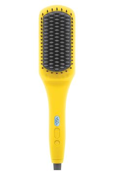 A heated straightening brush with the heat of a flat iron with the structure of a paddle brush to create a smooth, frizz-free look in one step. The Brush Crush quickly helps you achieve smooth, straight hair in one easy step with the heat of a flat iron and the structure of a paddle brush. It's designed with ionic technology, which seals the cuticle for less frizz and tons of shine while styling. Digital temperature control allows for custom styling. Color: yellow. Heats up to 450F/230C. 60-minu Paddle Brush, Straighten Iron, Frizz Free Hair, Hair Brush Straightener, How To Style Bangs, Straightening Brush, Hot Tools, Hair Detangler, Frizz Free