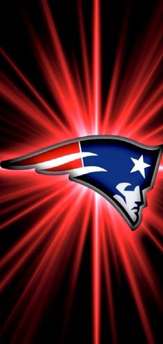 the new england football team logo on a red and black background with light rays behind it