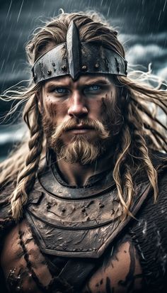 a man with long hair and beard wearing a viking costume, standing in the rain