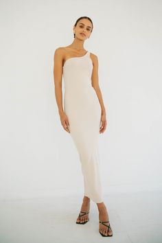 GAEL DRESS OAT – The Line by K Fitted One-shoulder Maxi Dress For Spring, Spring Bodycon Maxi Dress With Straight Neckline, Spring One-shoulder Ribbed Dress, One-shoulder Fitted Ribbed Dress, One-shoulder Ribbed Fitted Dress, One-shoulder Ribbed Spring Dress, One Shoulder Ribbed Fitted Dress, Ribbed One-shoulder Fitted Dress, Fitted Ribbed Maxi Length Dress