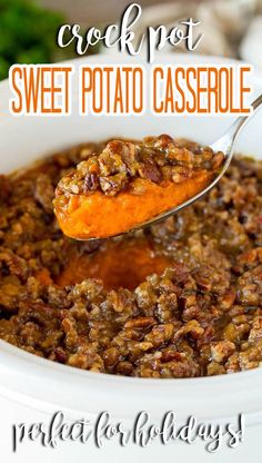 a spoon full of sweet potato casserole in a white bowl with the words crock - not sweet potato casserole