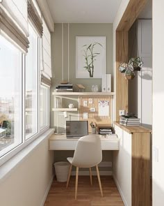 a white chair sitting in front of a desk next to a window