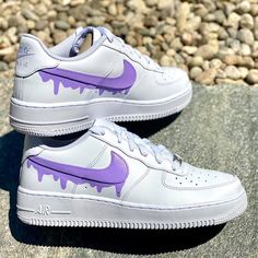 Custom Purple Nike Drip Air Force Ones-shecustomize Nike Drip, Shoe Artwork, Custom Af1, Custom Painted Shoes, Vans Original, Purple Nikes, Custom Air Force 1, Shoe Last, Custom Nikes