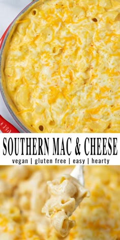 two pictures showing different types of macaroni and cheese with text overlay that reads southern mac & cheese vegan gluen free easy i hearty