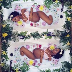 two photos of a baby in a bathtub with flowers on the sides and plants around it