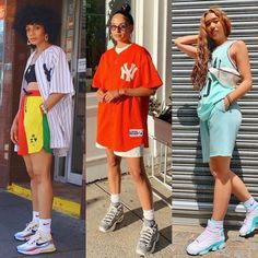 (from left:    @thenotoriouskia    |    @danie.sierra    |    @roxannedeasis   )   STYLING INSPO #2// This outfit combo is all about being comfy and playing with proportions. The jersey fit should be oversized with a hem that hits anywhere from upp Kindergarten Fashion, Jerseys Outfit, Oversized Jersey Dress, Sports Jersey Outfit, Jersey Dress Outfit, 2000s Outfit Ideas, Casual Gym Outfit, 90s Jersey, Baseball Jersey Outfit