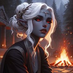 a woman with white hair and red eyes standing in front of a fire filled forest