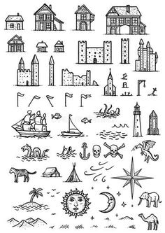 hand drawn doodle set of houses and boats in the sea or ocean, vintage line drawing or engraving style