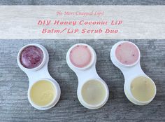 three lip bales with different types of lip butter in them and the words diy honey coconut lip