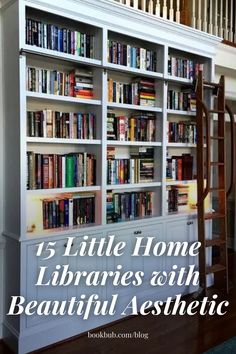 a bookshelf filled with lots of books next to a stair case