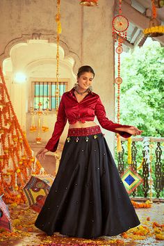 Shubhkala Maroon Gajji Silk Prined Work Navratri Crop-Top Skirt Traditional Art Silk Choli For Navratri, Fitted Lehenga For Puja And Navratri, Diwali Festival Lehenga With Unstitched Blouse, Anarkali Style Lehenga For Puja Festival, Bollywood Style Sharara With Pallu For Festivals, Traditional Party Wear With Tilla Embroidery, Traditional Party Wear With Tilla Detailing, Traditional Tilla Blouse Piece For Diwali, Unstitched Blouse Sharara For Puja During Navratri